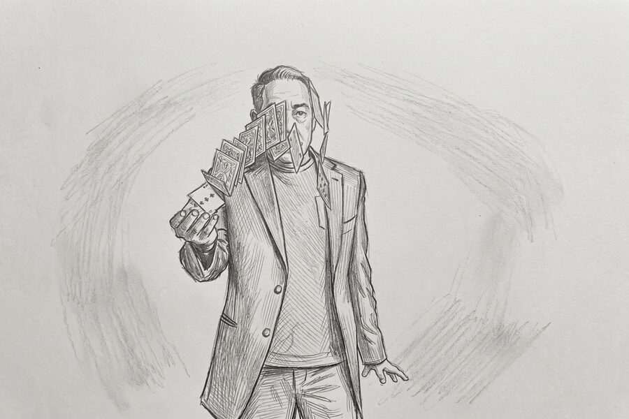 Sketch of Gozner teaching sleight of hand technique at a magic lecture